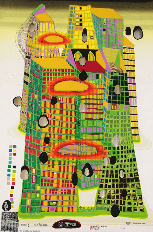 Hundertwasser - Good Morning City - Bleeding Town - series UU - 1969 color screenprint